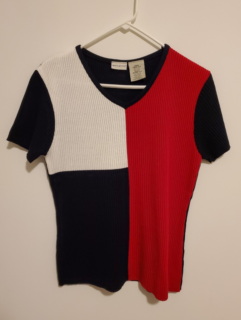 Made In USA White Stag Large Red White Blue Color Block Stretchy Tee Shirt
